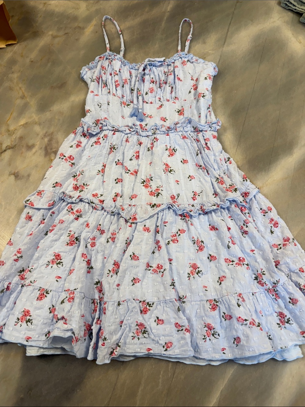 Flowers by Zoe Light Blue Floral Tiered Sundress with Pink Roses